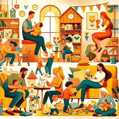The image reflects the joys, challenges, and diverse aspects of parenting, set in a warm and nurturi