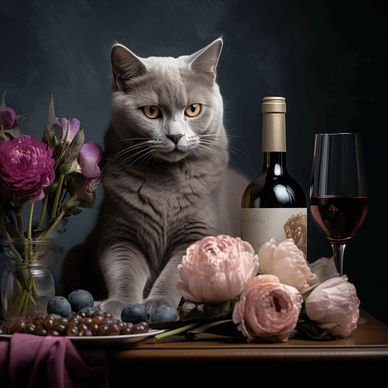 A Russian Blue cat on a table, next to some flowers and a bottle of wine.