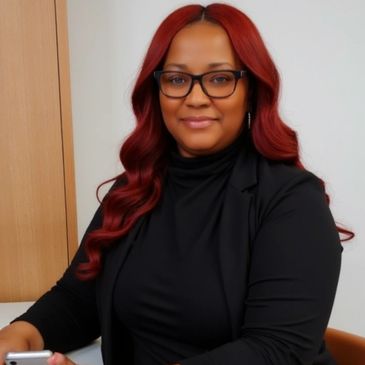 Confident woman with red hair and glasses holding a phone, sitting at a desk.