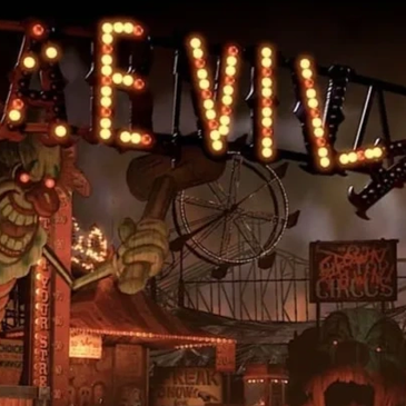 Dark carnival entrance with eerie lights and a clown figure.