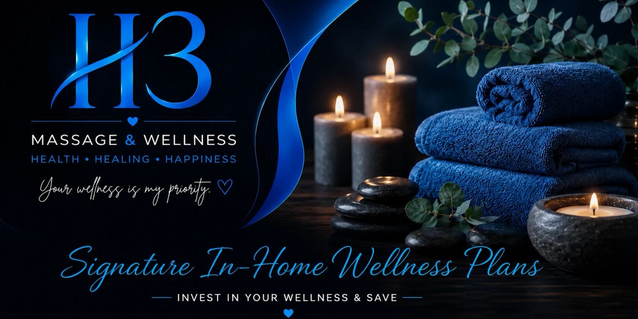 Relaxing massage and wellness service advertisement with candles and towels.