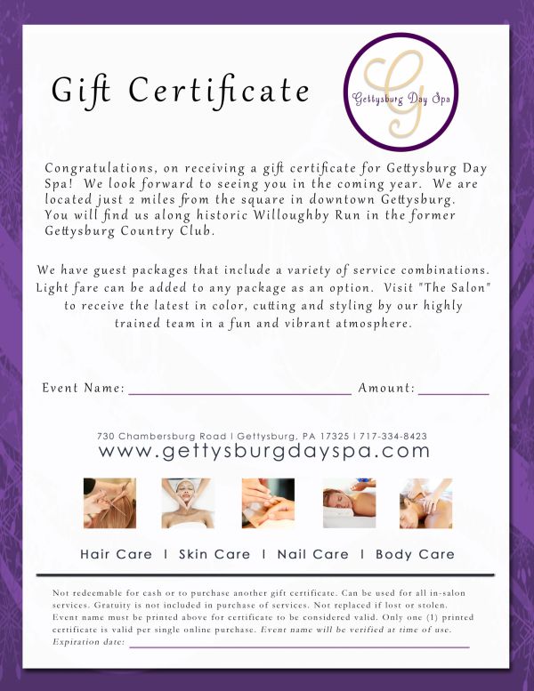 Gettysburg Day Spa Gift Certificate