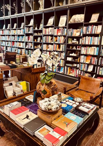 Bookstore interior with books, a leather chair, a csquare, wooden offee table and a large orchid