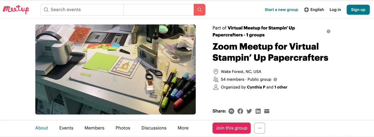 Screenshot of the Zoom Meetup for Virtual Stampin' Up Papercrafters webpage with link to the page.