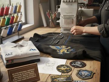 Person embroidering a dragon design on a black garment using a machine.