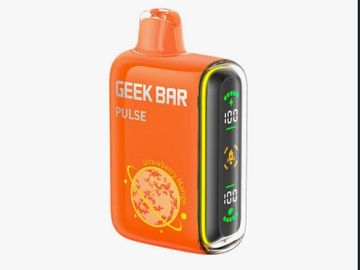 Orange Geek Bar Pulse vape device with digital display and planet graphic.