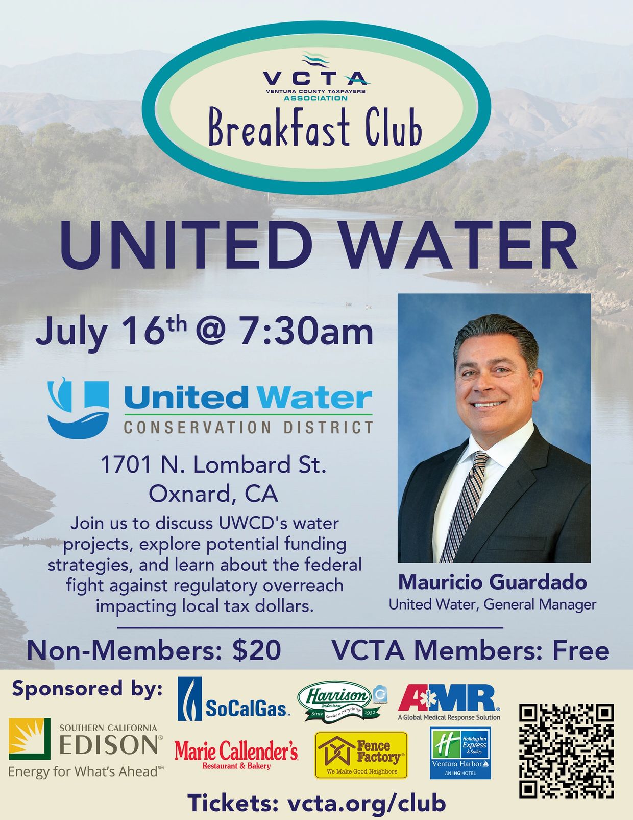 Breakfast Club flier for VCTA in July of 2025 at United Water Conservation District