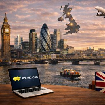 Laptop with ElevareExport logo overlooking London's skyline by the Thames River.