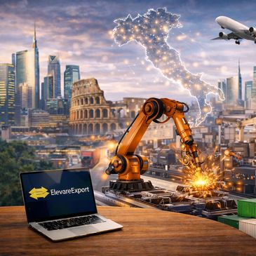 Futuristic Italian industry with automation, export laptop, and iconic landmarks.