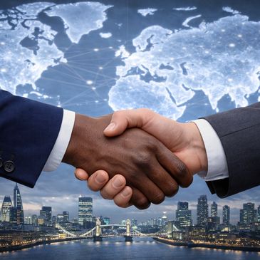 Two businessmen shaking hands with a digital world map and cityscape background.