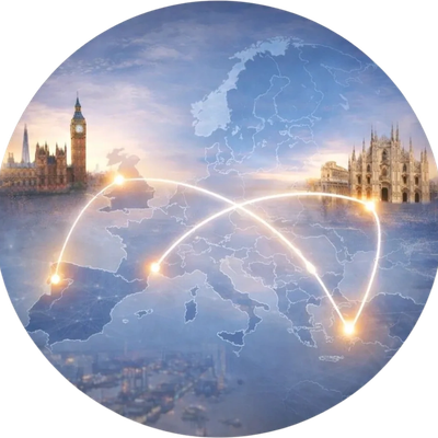 Illuminated network connections linking iconic European landmarks over a map.