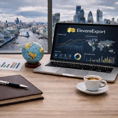 Laptop showing export data analytics with a globe, notebook, and coffee on a desk by a cityscape window.