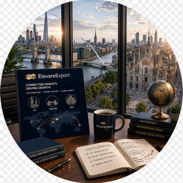 Workspace with a city view, books, and global strategy materials.