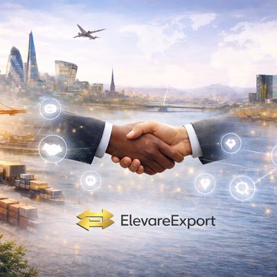 Two businesspeople shaking hands with a city and shipping port background, symbolizing global trade.