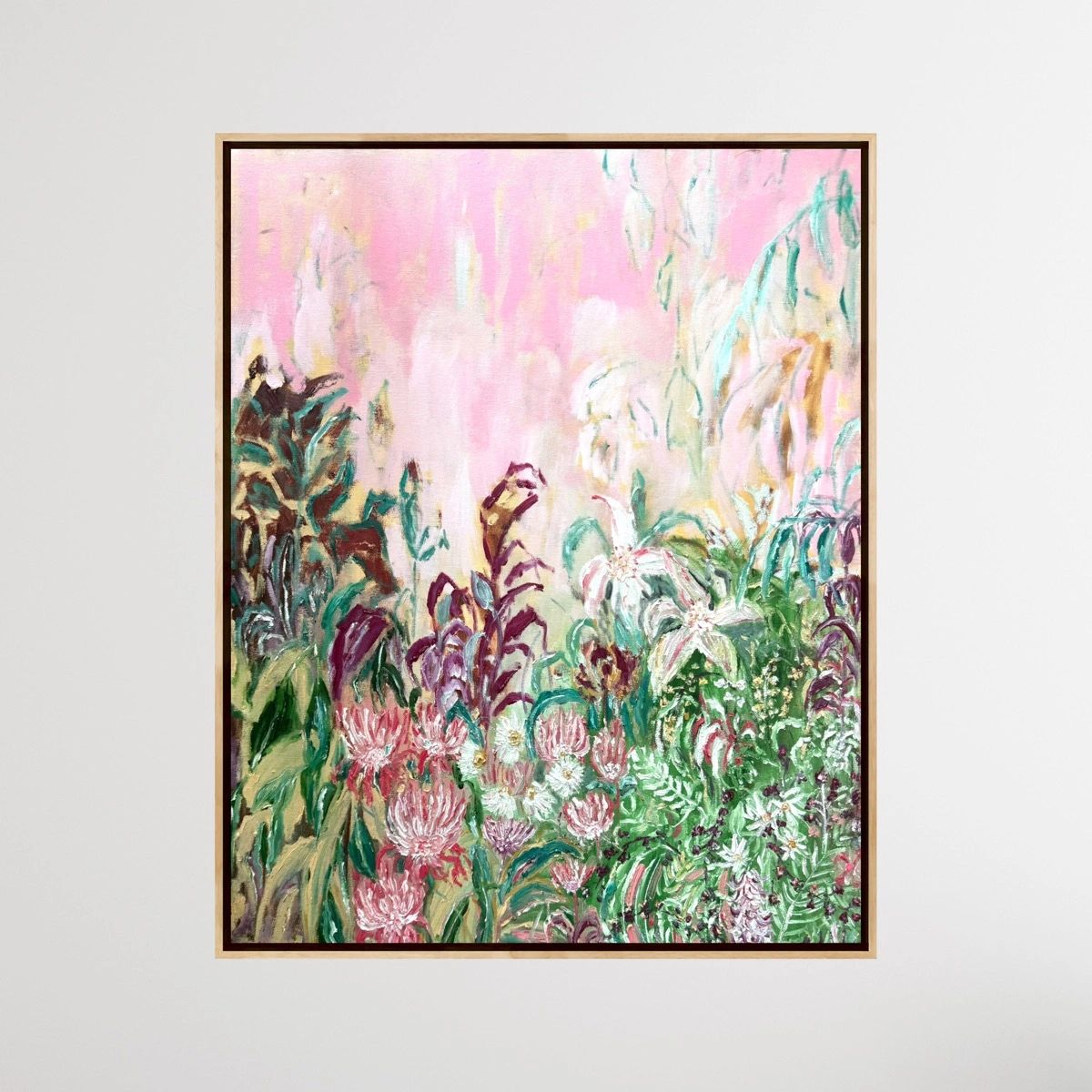 Abstract floral painting with pink background.