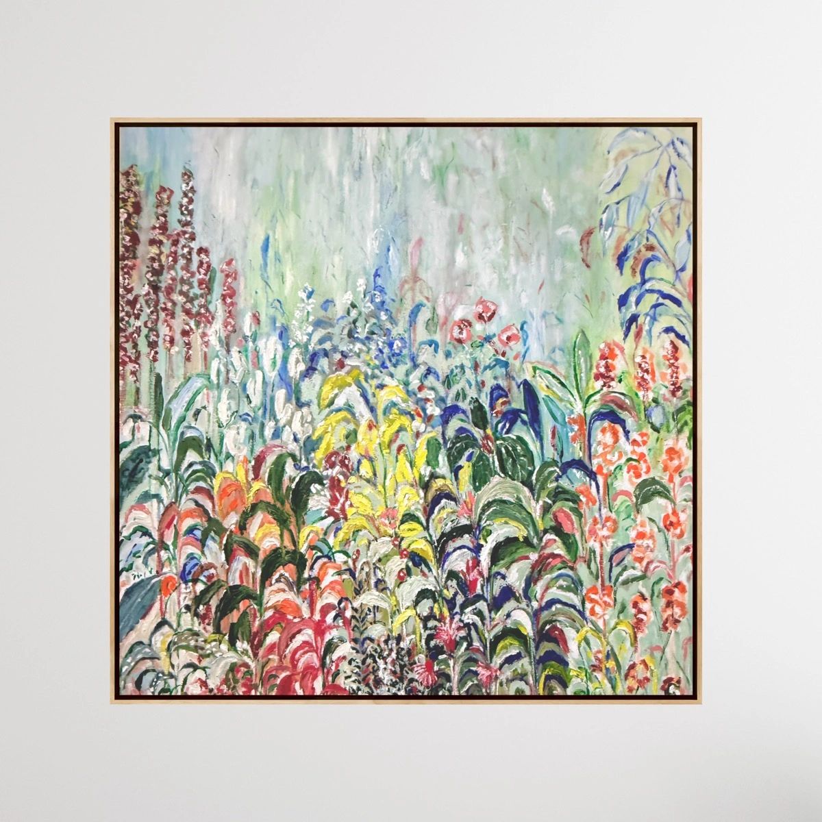 Colorful abstract floral painting with vibrant foliage.