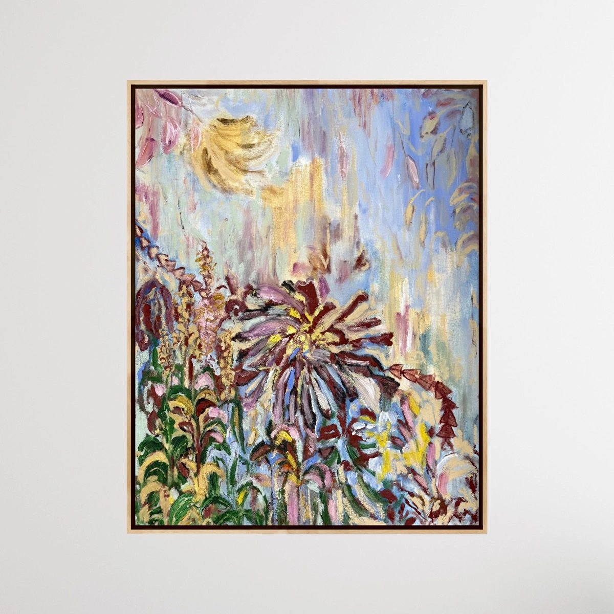Abstract floral painting with pastel tones and bold strokes.