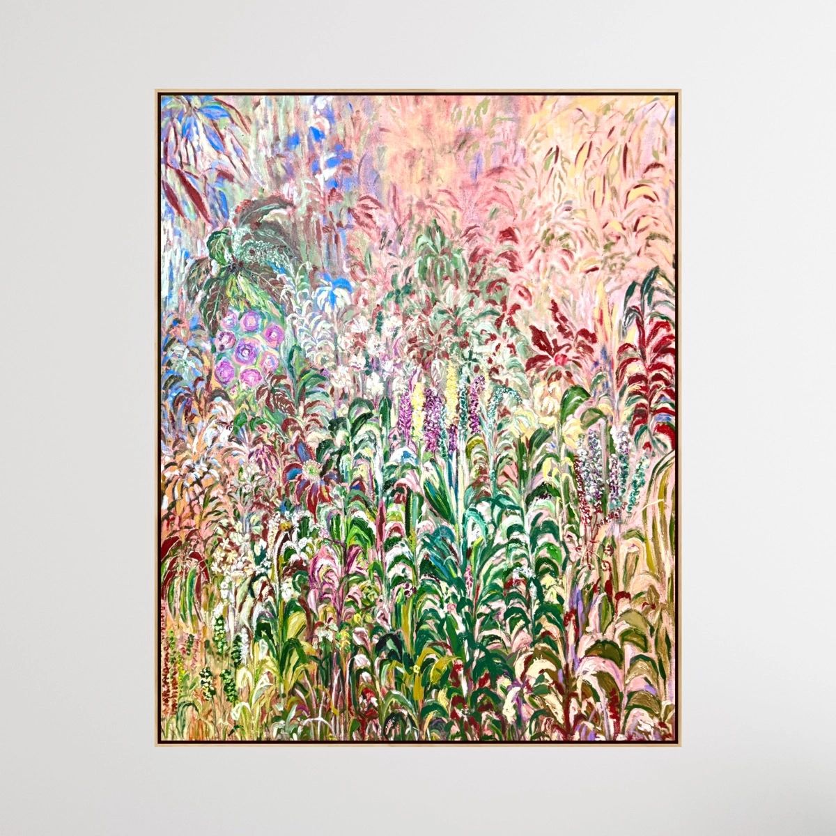Colorful abstract floral painting with vibrant greens and pinks.