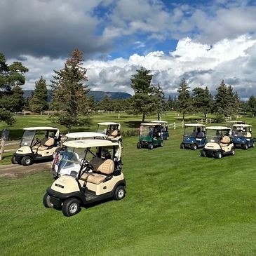 Golf carts lined up for a tournament in Armstrong at The Overlander Golf & Events Centre