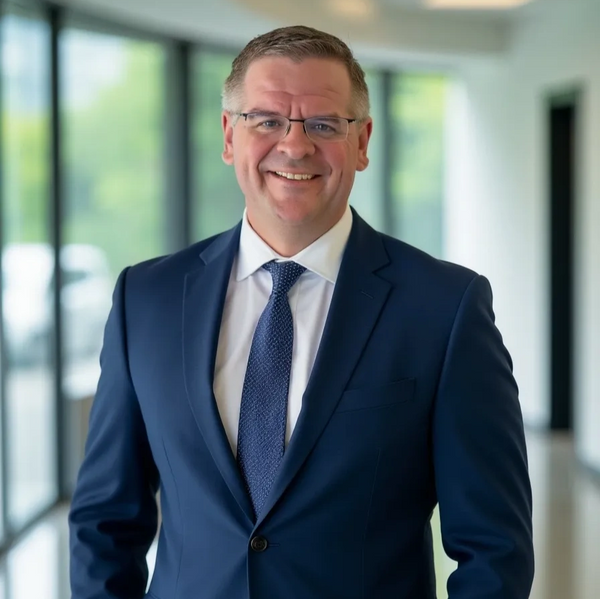 Smiling businessman in a blue suit and tie in a modern office.