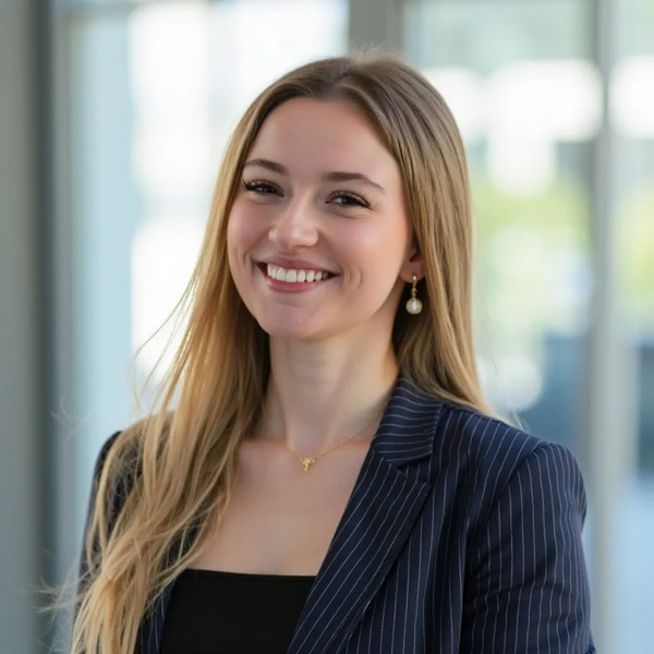 Smiling young woman with long blonde hair in a pinstripe blazer.