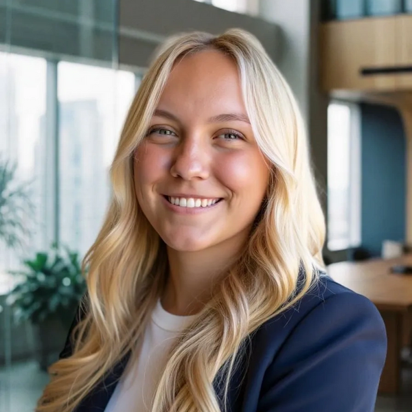Smiling young woman with long blonde hair in a professional setting.