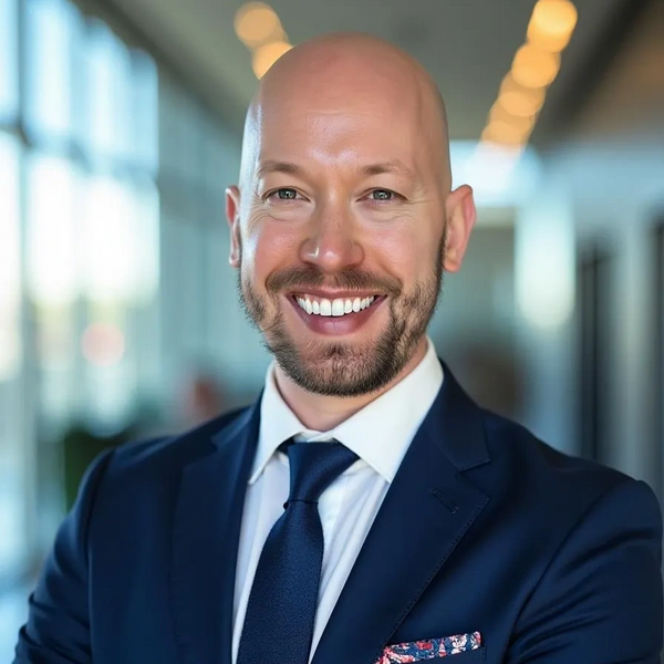 Smiling bald man in a navy blue suit and tie in a bright office.