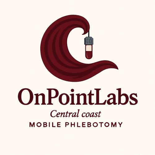 Logo for OnPointLabs Central Coast Mobile Phlebotomy featuring a blood drop and wave design.