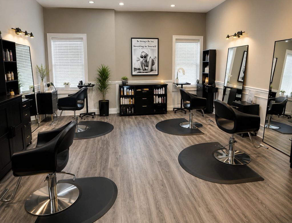 Modern hair salon with black chairs and large mirrors.