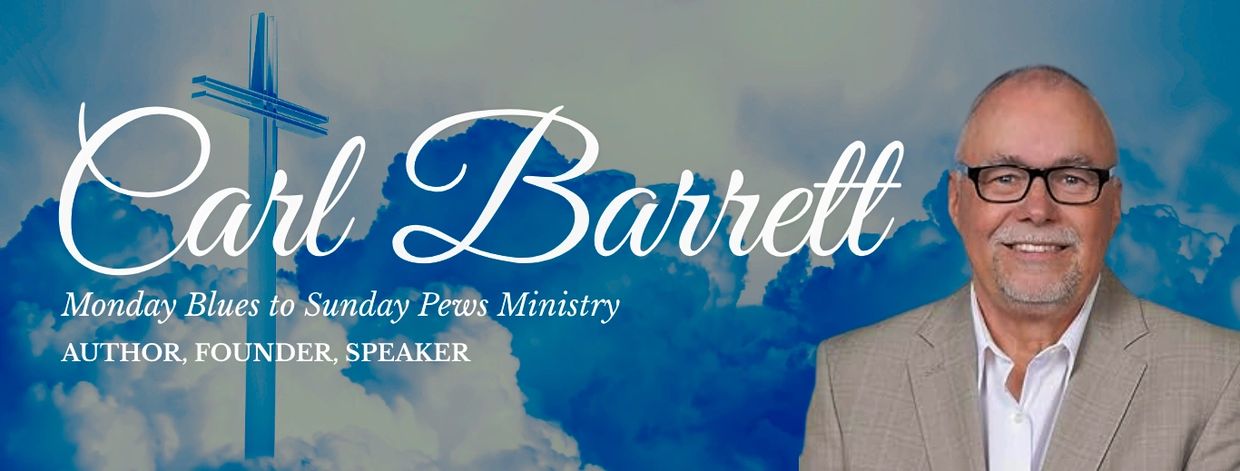 Carl Barrett, author and speaker, with a cross and cloudy sky background.