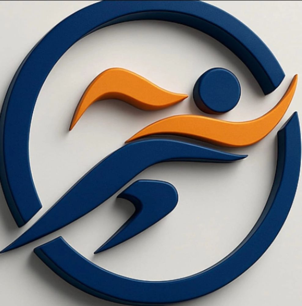 Dynamic blue and orange logo depicting an abstract athlete in motion.