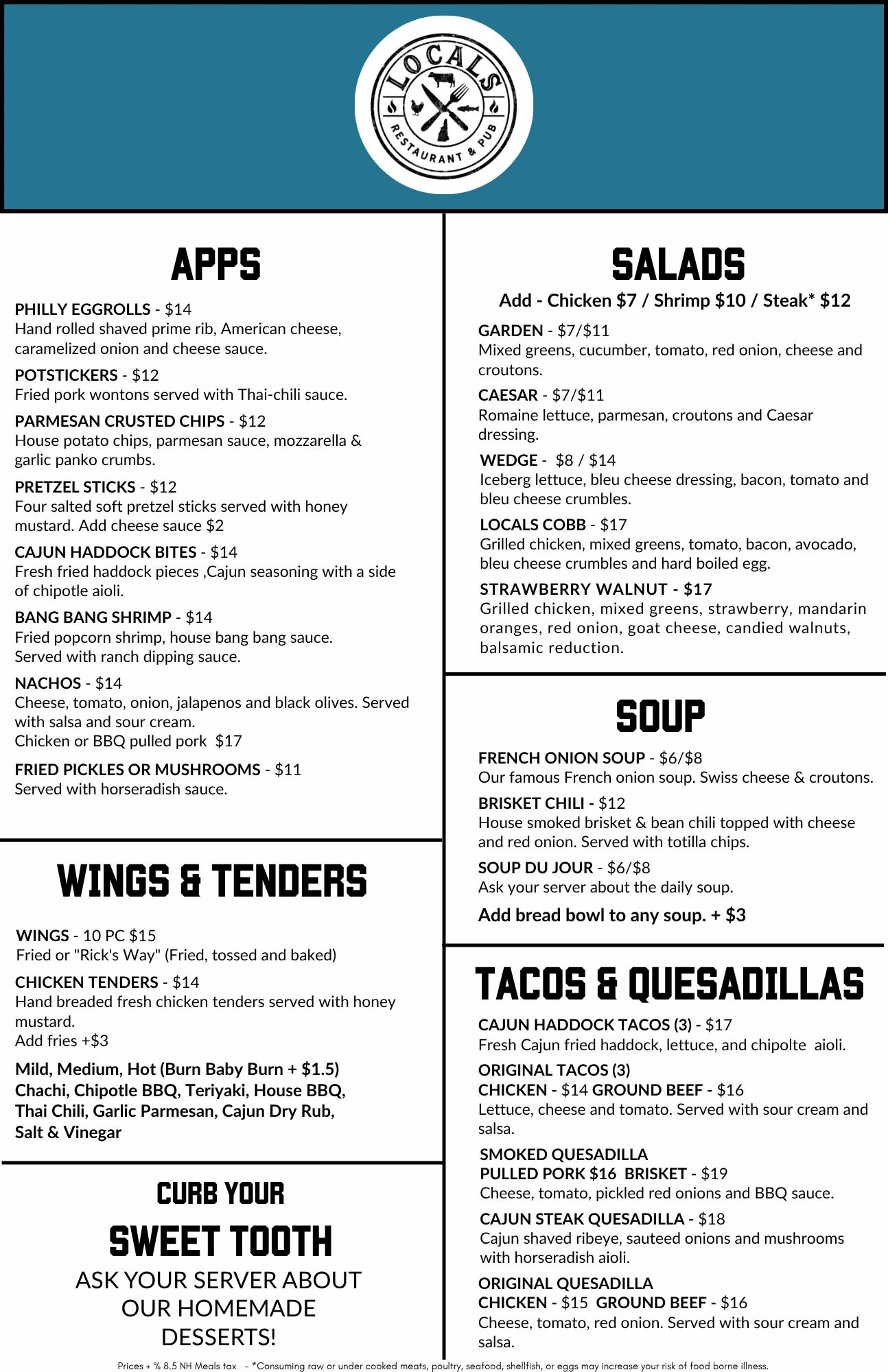 Menu from Locals Restaurant &amp; Pub featuring apps, salads, soups, wings, and tacos.