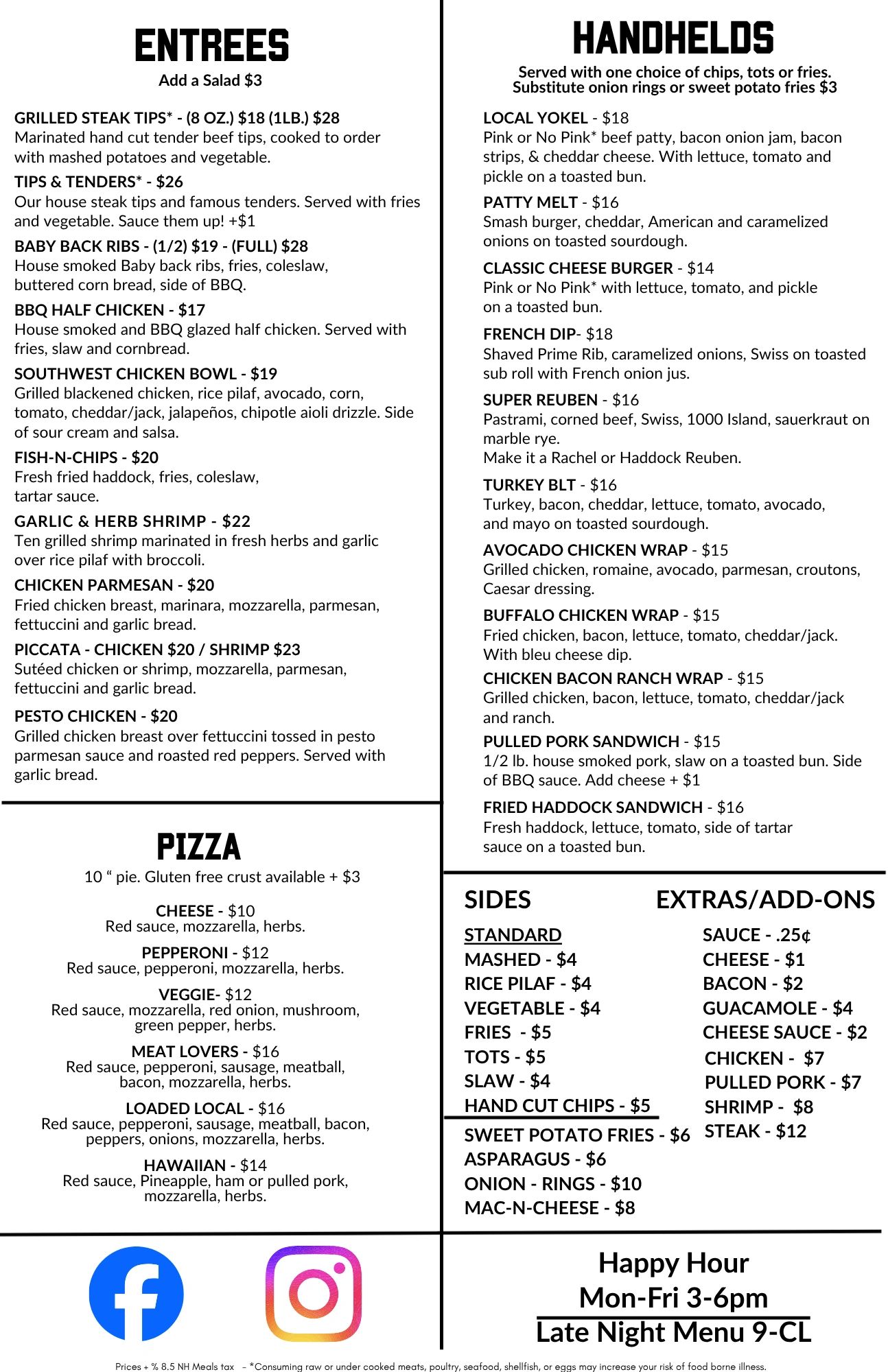 Menu featuring entrees, handhelds, pizza, sides, extras, and happy hour details.