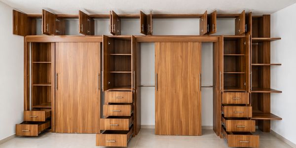 Spacious wooden wardrobe with multiple open compartments and drawers.