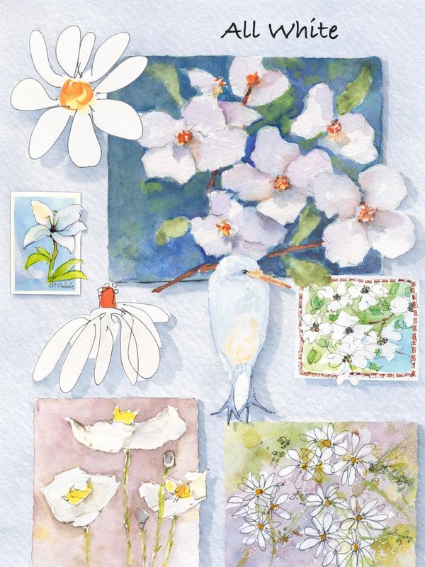 Artistic collage of white flowers and a white bird in watercolor style.