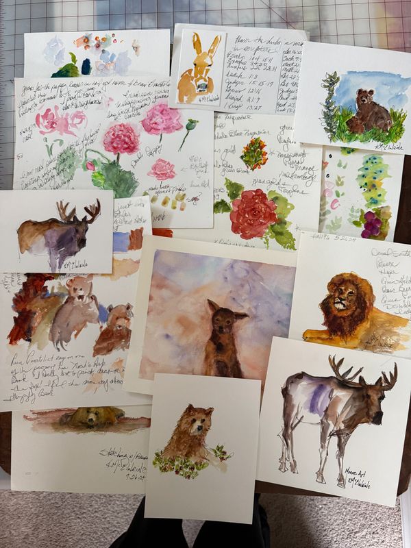 Collection of watercolor animal and flower paintings with handwritten notes.