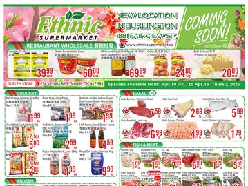 Ethnic Supermarket flyer with grocery deals and new Burlington location announcement.