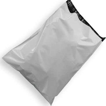 Plain silver poly mailer bag with black trim.