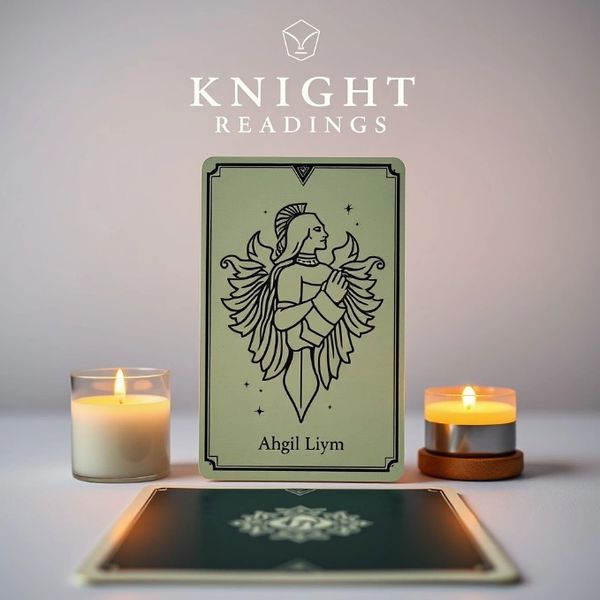 Mystical tarot card reading setup with candles and Knight Readings branding.