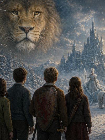 Four characters face a snowy castle and a giant lion's face in the sky.