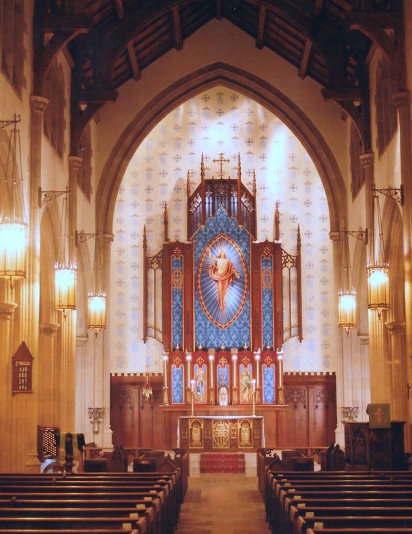 Rhett Judice interior of St. Thomas, Hollywood.  Reredos, dado, floor,decorative painting 