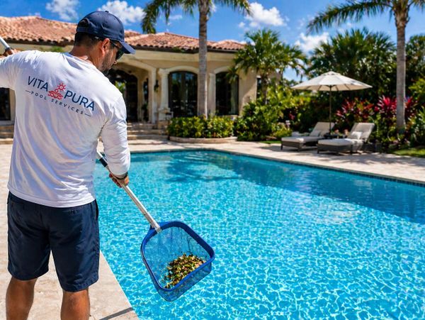 Man cleaning a pool with a leaf skimmer on a sunny day.