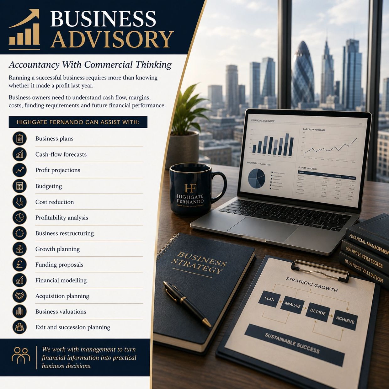 Business advisory services by Highgate Fernando with a cityscape view.