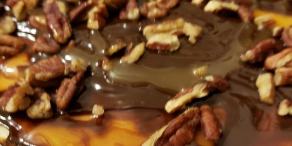 Turtle cheesecake (classic cheesecake with chocolate,  caramel, pecan toppings)