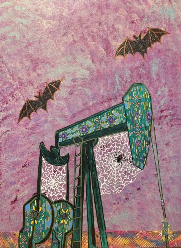 Artistic oil pump with spider webs and bats under a purple sky.