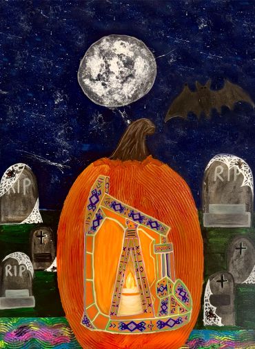 Halloween-themed pumpkin lantern with graveyard background.