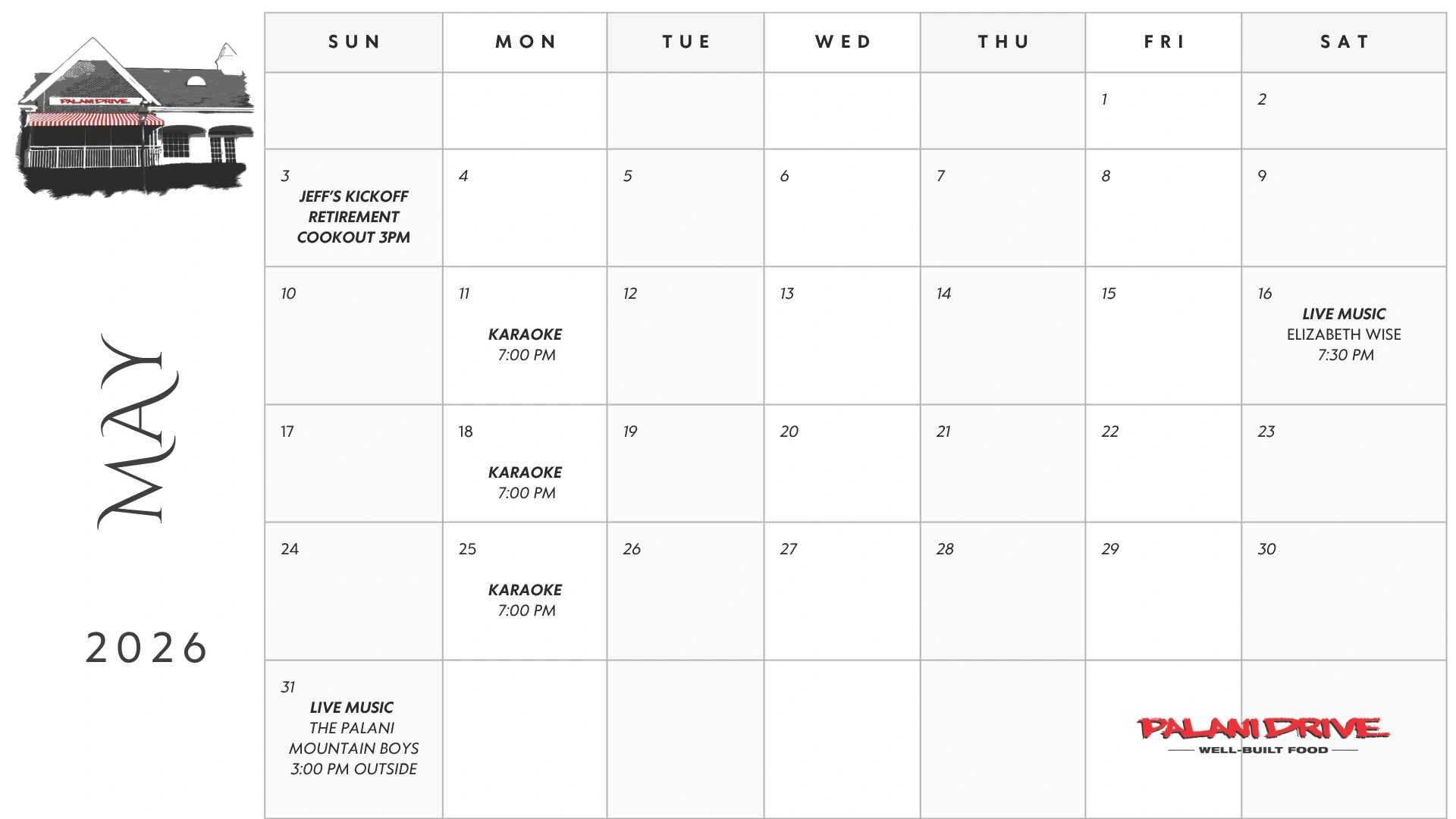 May 2026 calendar with events at Palani Drive, including karaoke and live music.