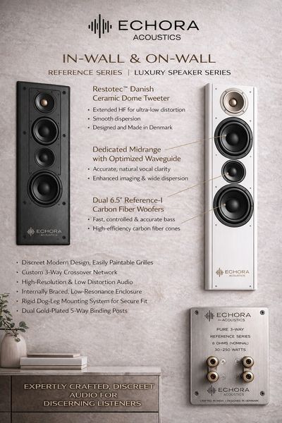 Luxury in-wall and on-wall speakers with Danish ceramic dome tweeter and carbon fiber woofers.
