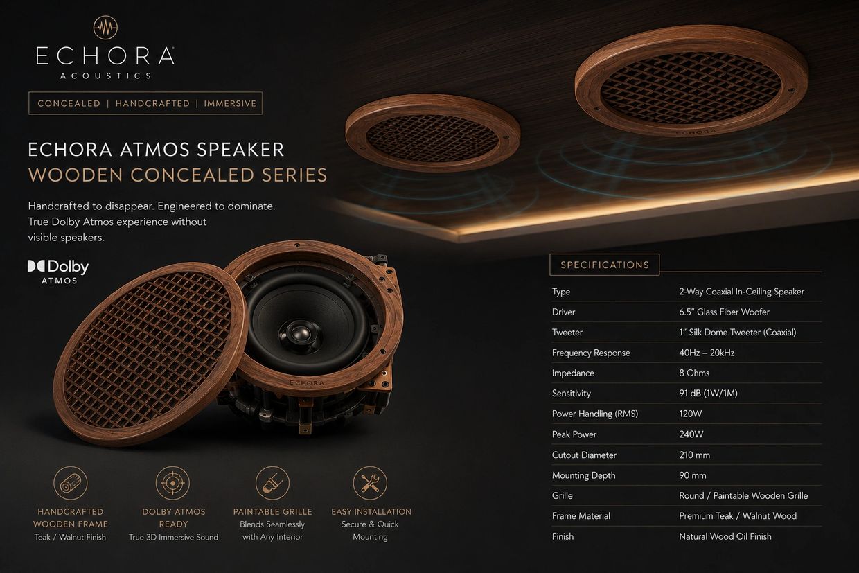 Echora Atmos Speaker with handcrafted wooden frame and concealed design for immersive Dolby Atmos sound.