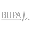 Bupa logo with a heartbeat line in blue on a black background.